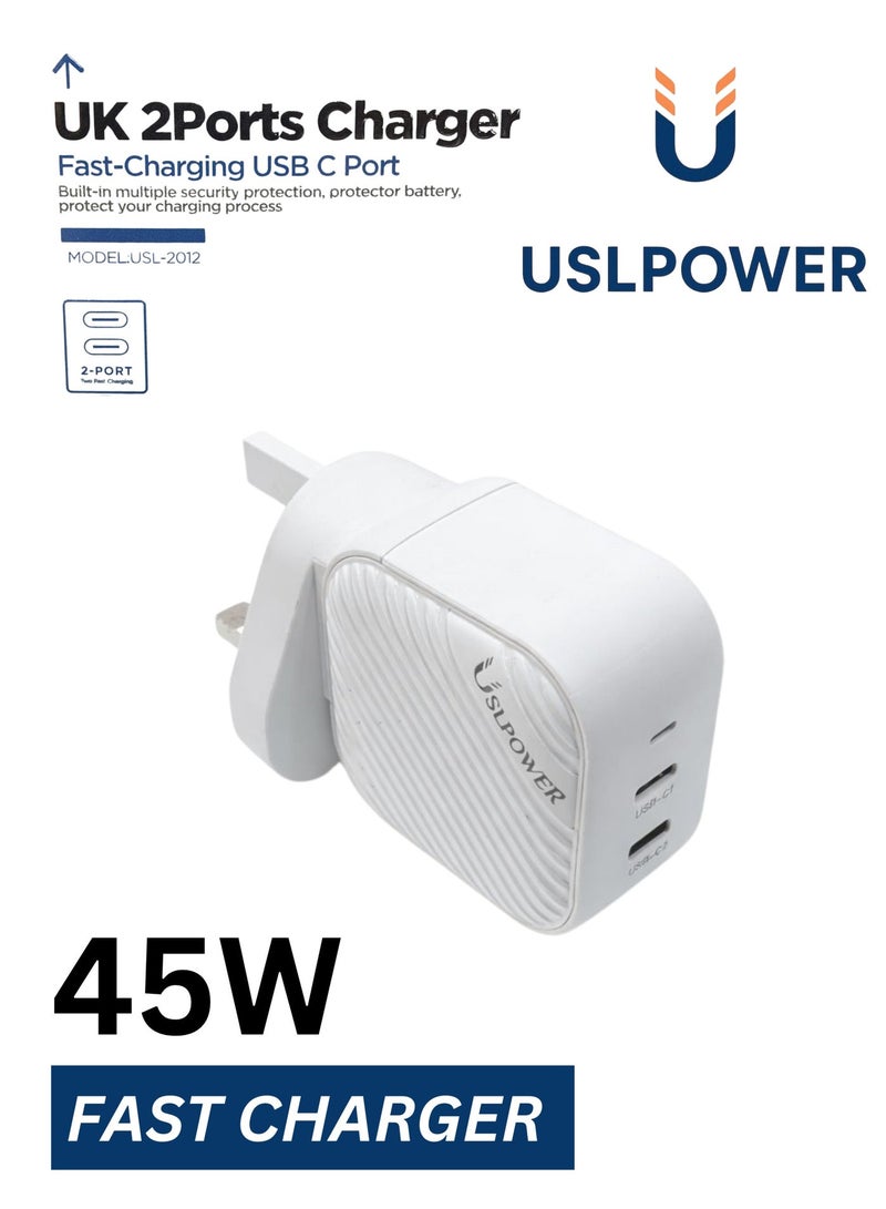 USLPOWER 45W USB-C Power Adapter GaN Fast Charger, Dual USB-C PD Wall Charger, Super Fast Charging, UK Plug, for Smartphone Tablet Laptop Travel Use - Image 2